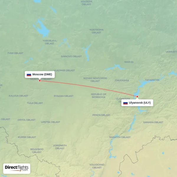 Ulyanovsk - Moscow direct flight map