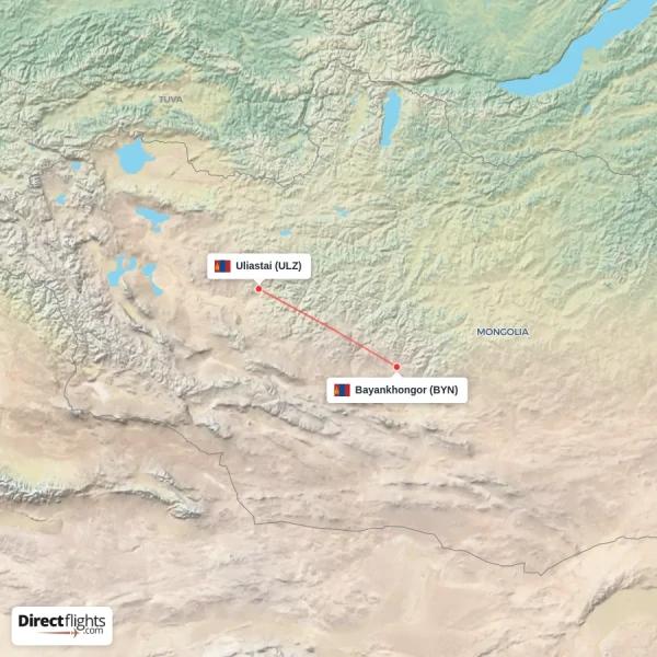 Uliastai - Bayankhongor direct flight map