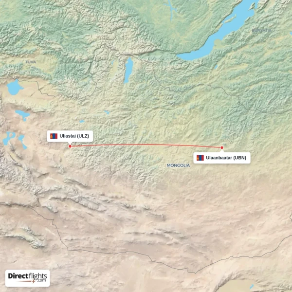 Uliastai - Ulaanbaatar direct flight map
