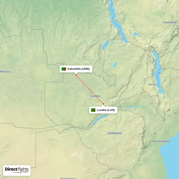 Kalumbila - Lusaka direct flight map