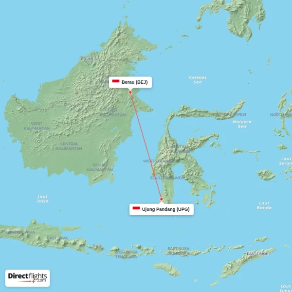 Ujung Pandang - Berau direct flight map