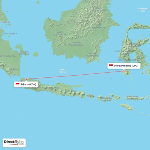 Ujung Pandang - Jakarta direct flight map