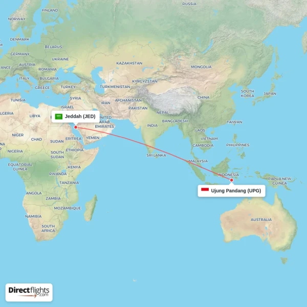 Ujung Pandang - Jeddah direct flight map