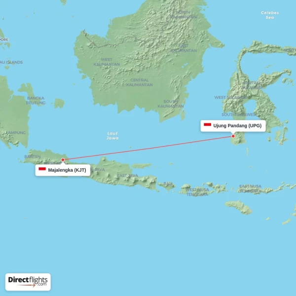 Ujung Pandang - Majalengka direct flight map