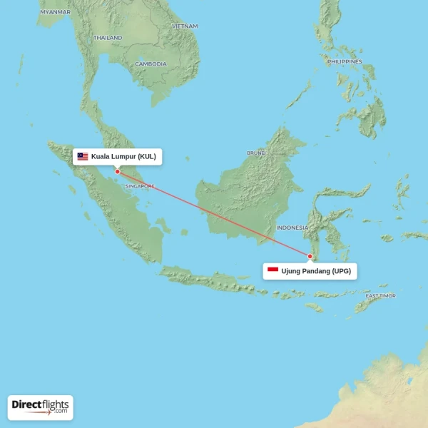 Ujung Pandang - Kuala Lumpur direct flight map