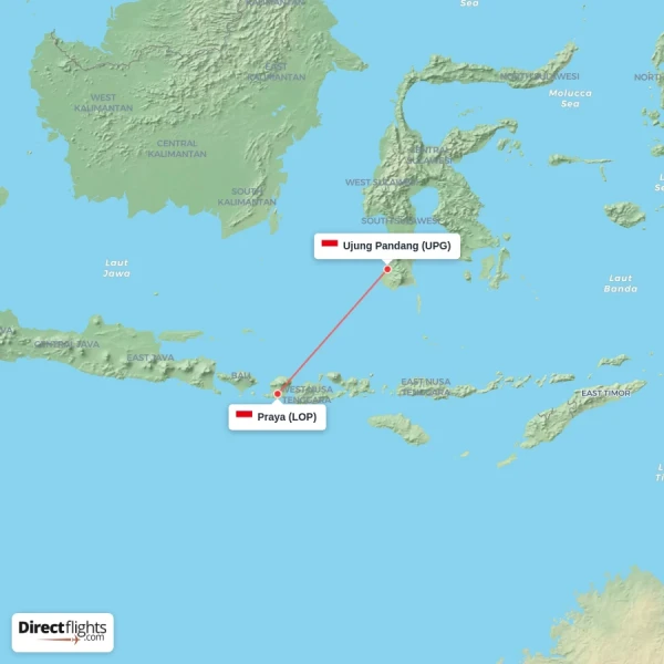 Ujung Pandang - Praya direct flight map