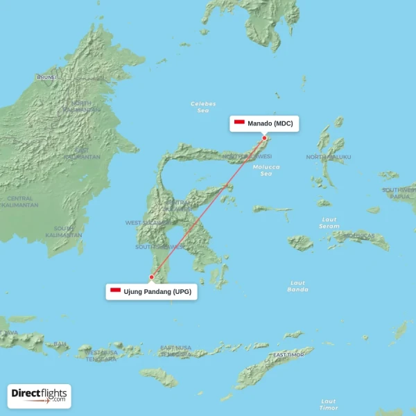 Ujung Pandang - Manado direct flight map