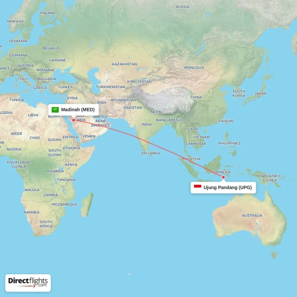 Ujung Pandang - Madinah direct flight map