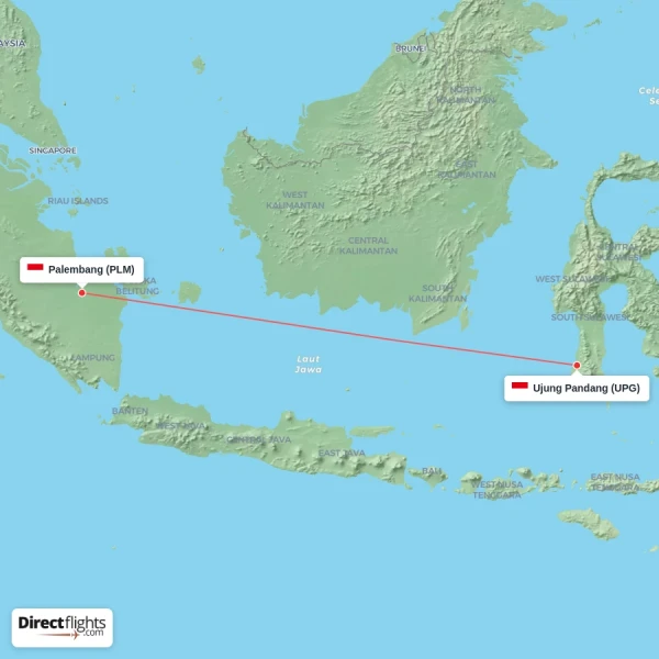 Ujung Pandang - Palembang direct flight map