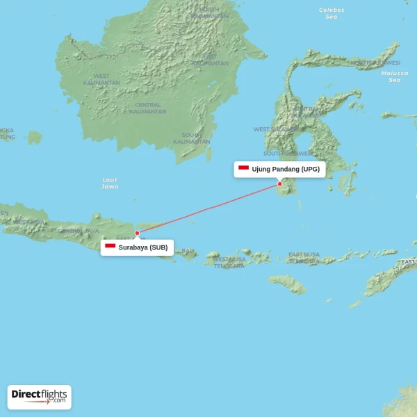 Ujung Pandang - Surabaya direct flight map