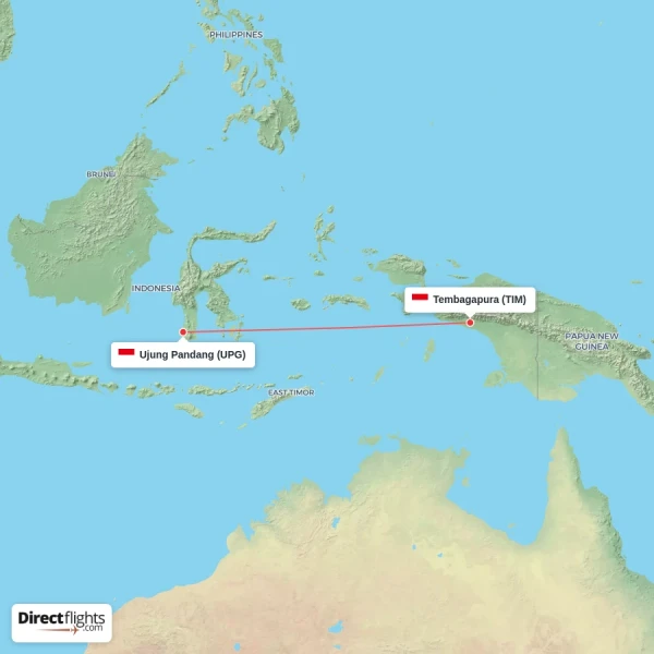 Ujung Pandang - Tembagapura direct flight map