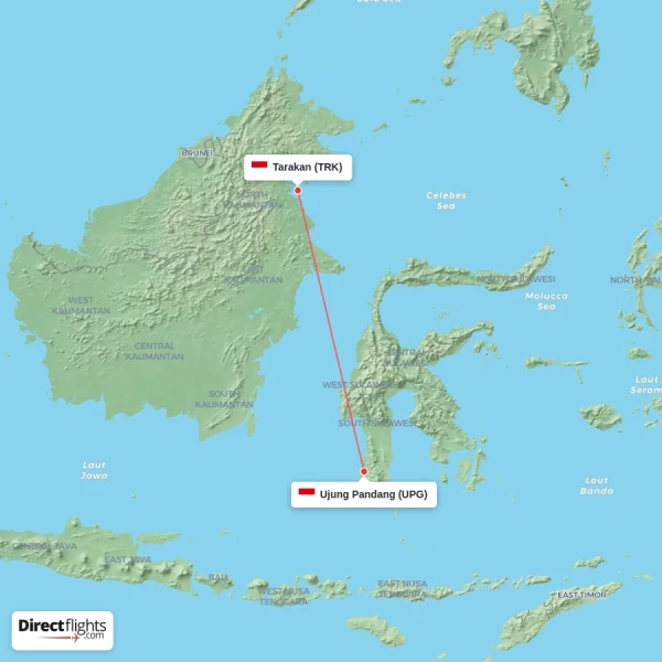 Ujung Pandang - Tarakan direct flight map
