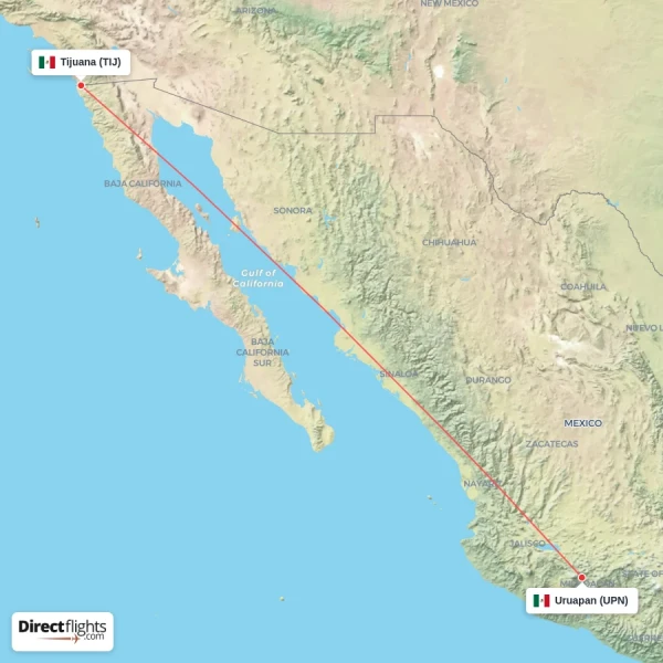 Uruapan - Tijuana direct flight map