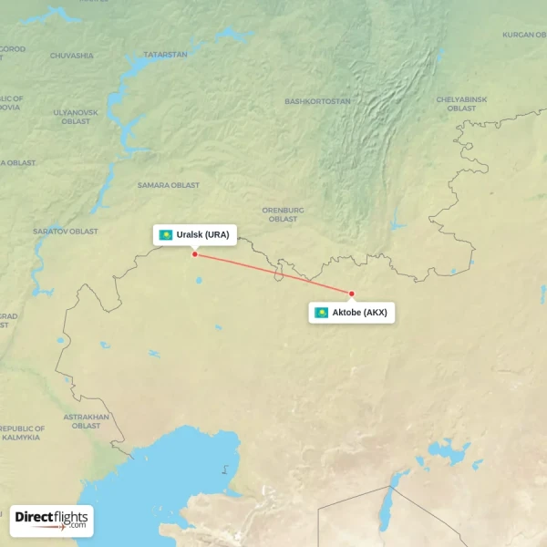 Uralsk - Aktobe direct flight map
