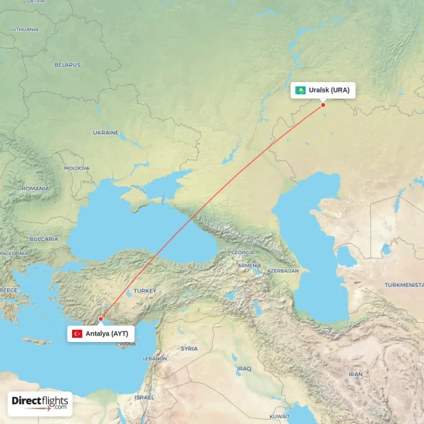 Uralsk - Antalya direct flight map