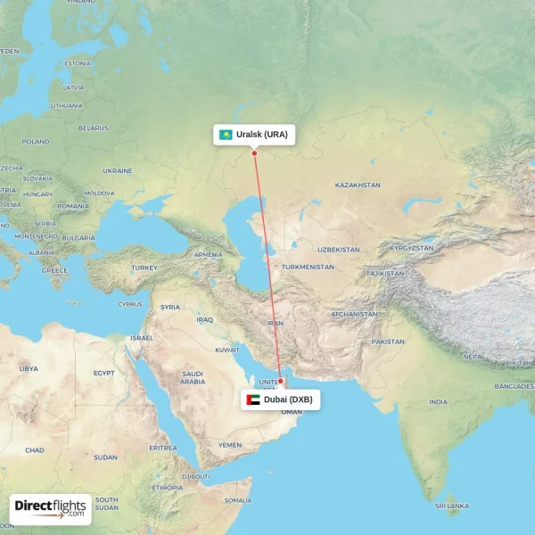 Uralsk - Dubai direct flight map