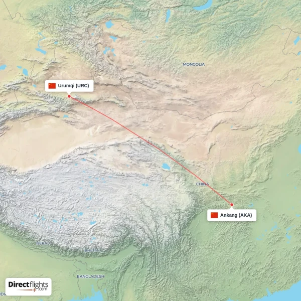 Urumqi - Ankang direct flight map