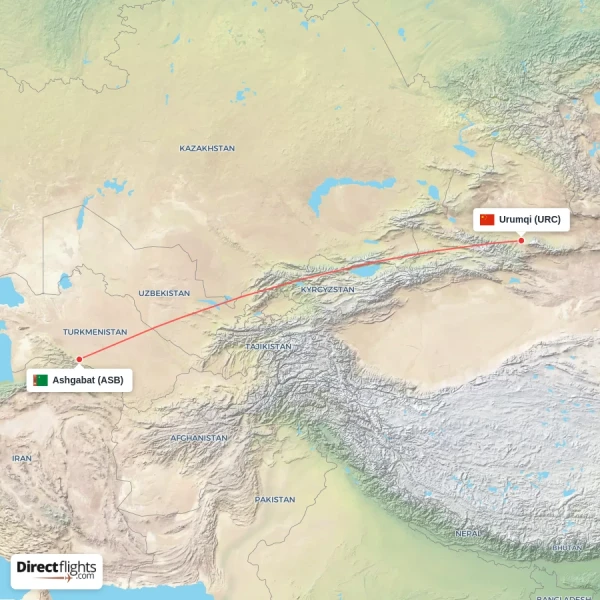 Urumqi - Ashgabat direct flight map