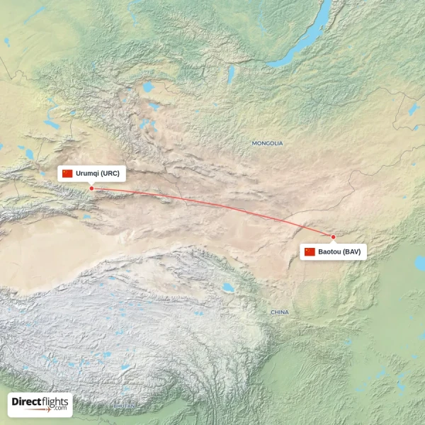 Urumqi - Baotou direct flight map