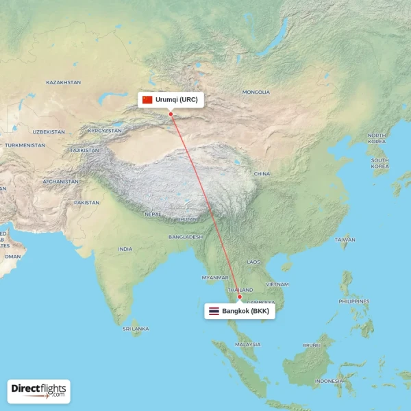 Urumqi - Bangkok direct flight map