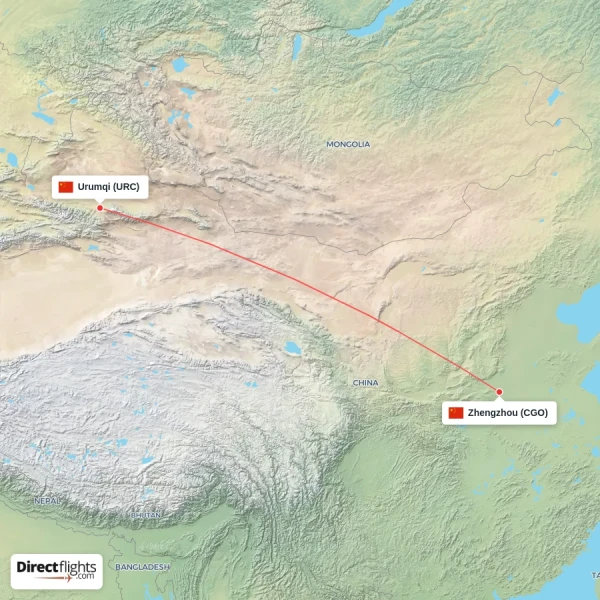 Urumqi - Zhengzhou direct flight map