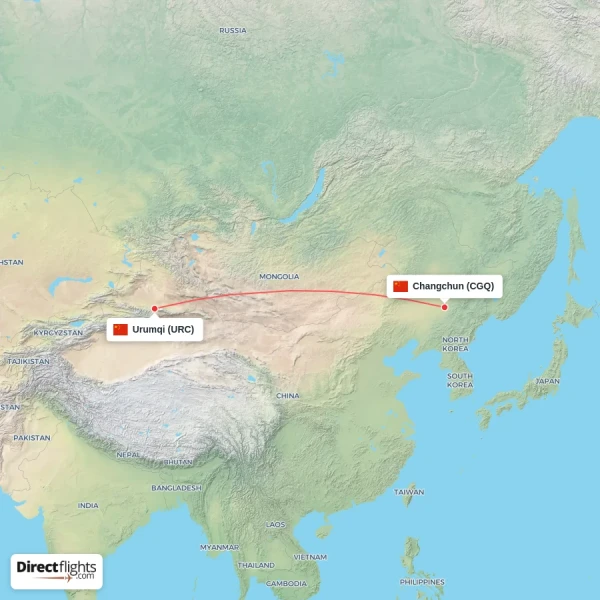 Urumqi - Changchun direct flight map