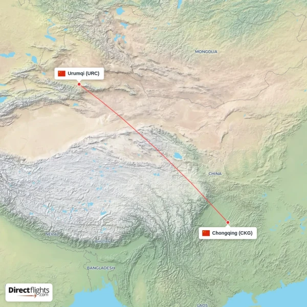 Urumqi - Chongqing direct flight map