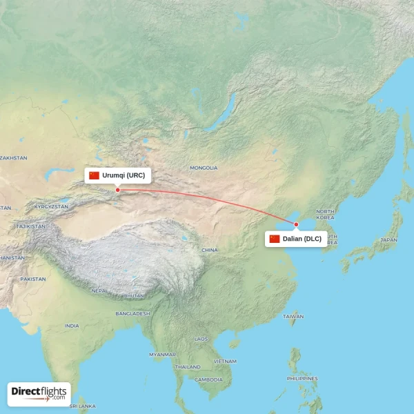 Urumqi - Dalian direct flight map