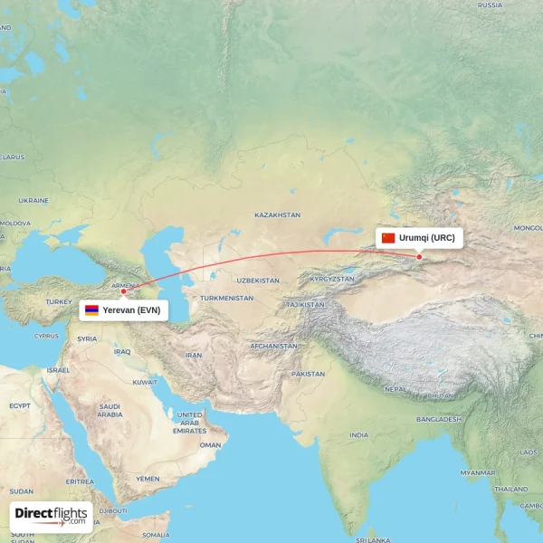 Urumqi - Yerevan direct flight map