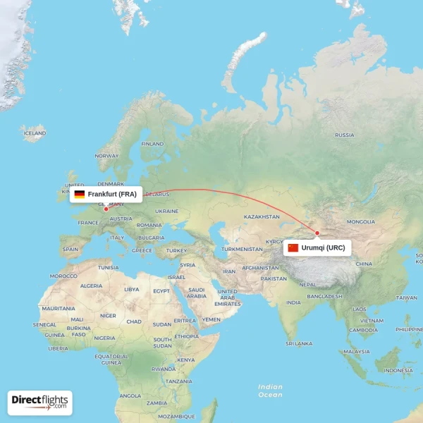 Urumqi - Frankfurt direct flight map
