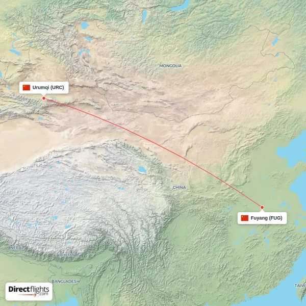Urumqi - Fuyang direct flight map