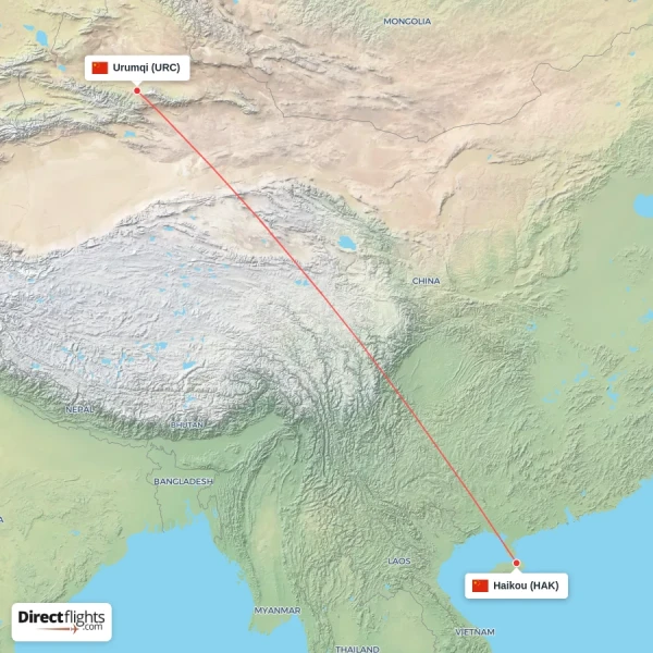 Urumqi - Haikou direct flight map