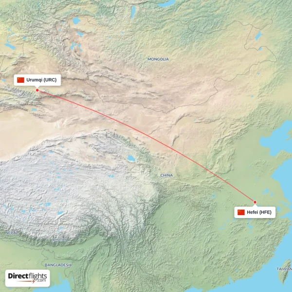 Urumqi - Hefei direct flight map