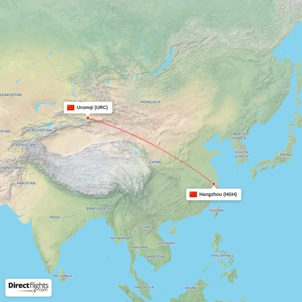 Urumqi - Hangzhou direct flight map
