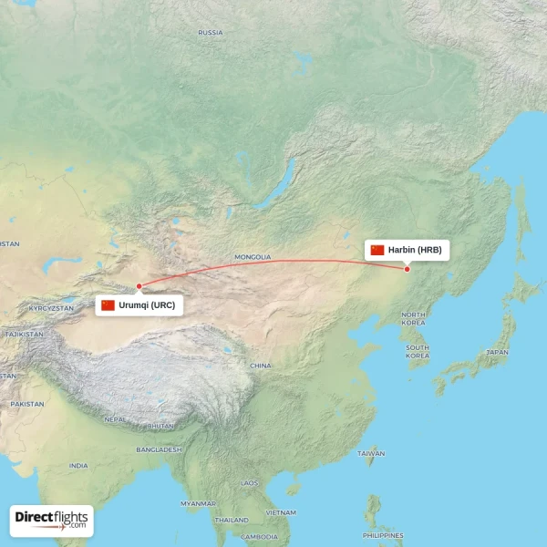 Urumqi - Harbin direct flight map