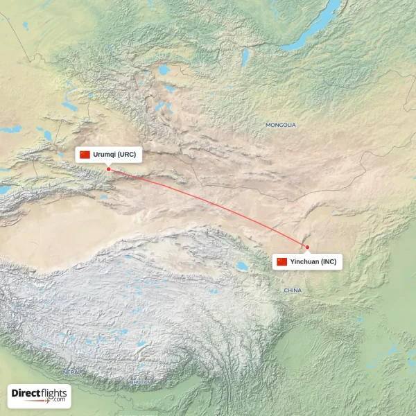 Urumqi - Yinchuan direct flight map