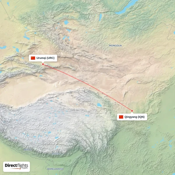 Urumqi - Qingyang direct flight map