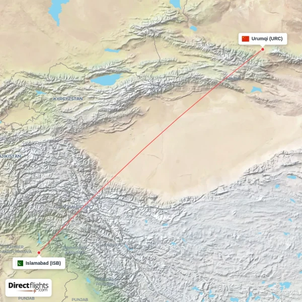 Urumqi - Islamabad direct flight map