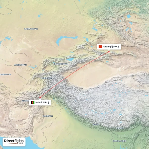 Urumqi - Kabul direct flight map