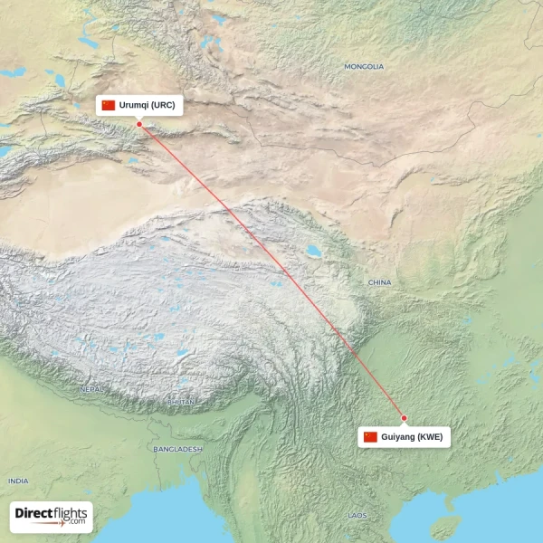 Urumqi - Guiyang direct flight map