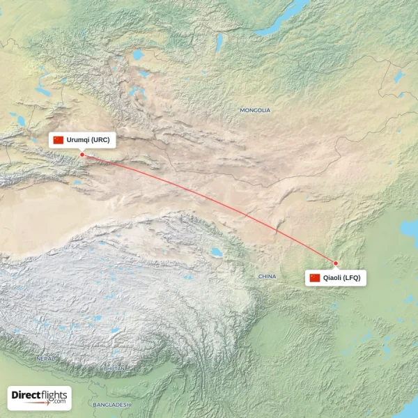 Urumqi - Qiaoli direct flight map