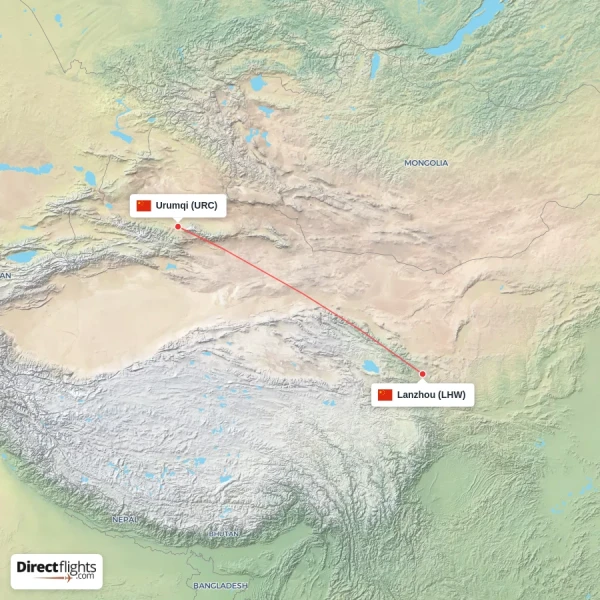 Urumqi - Lanzhou direct flight map