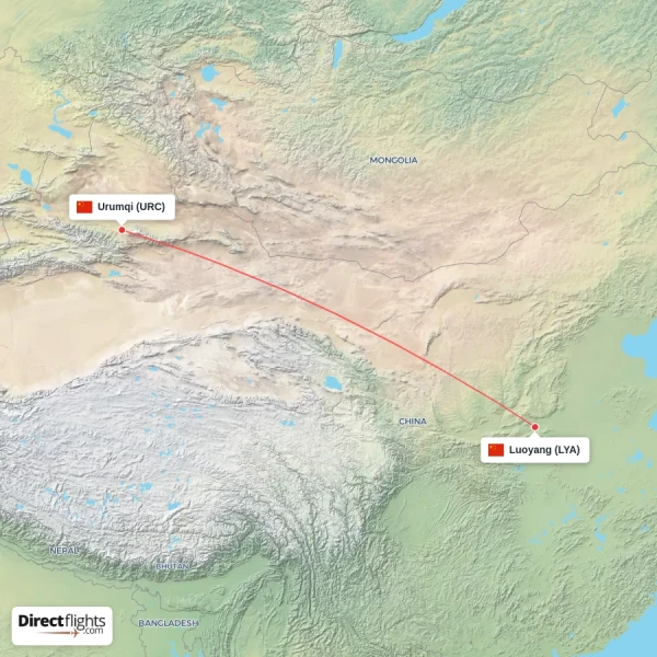 Urumqi - Luoyang direct flight map