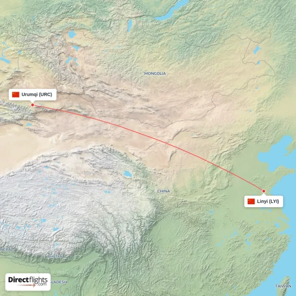 Urumqi - Linyi direct flight map