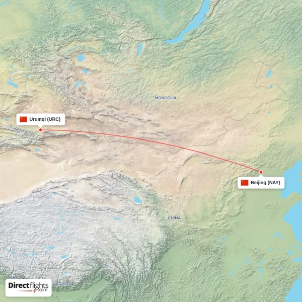 Urumqi - Beijing direct flight map