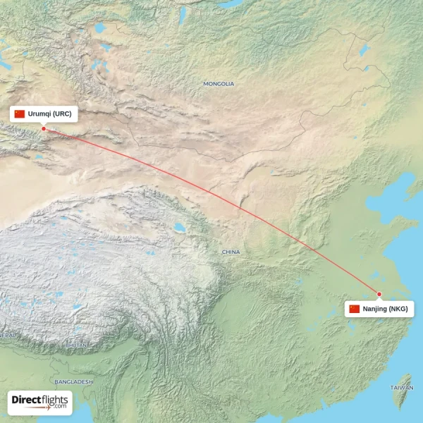 Urumqi - Nanjing direct flight map