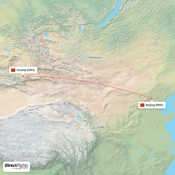 Urumqi - Beijing direct flight map