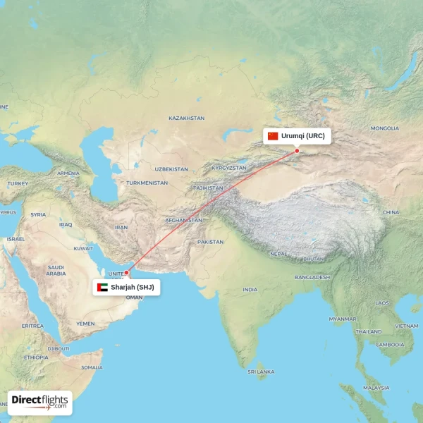 Urumqi - Sharjah direct flight map