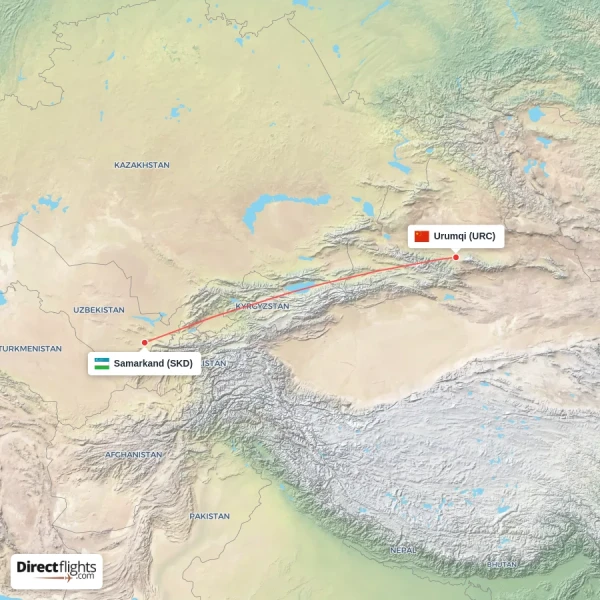 Urumqi - Samarkand direct flight map