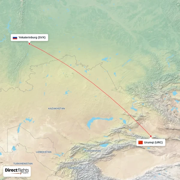Urumqi - Yekaterinburg direct flight map